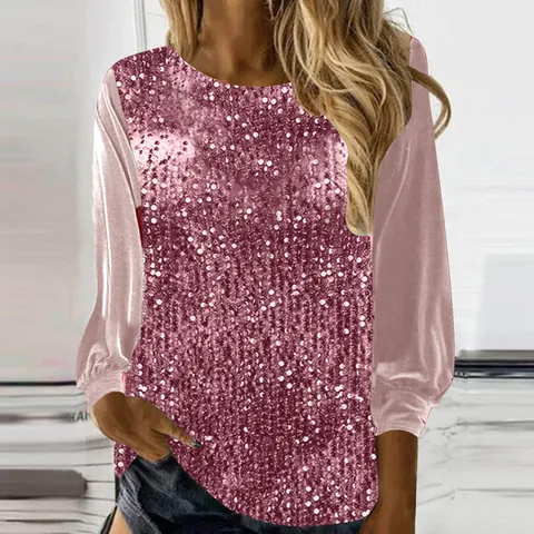 Women's Casual Round Neck Long Sleeve Sequin Patchwork Loose Top Sequin Blouse For Party Daily Wear Fashion Shirt