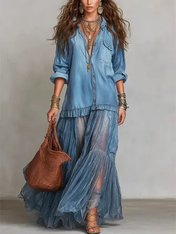 Women Retro Lapel Faux Denim Maxi Dress Bohemian Spliced Tiered Long Sleeve Casual Dress With Pockets Polyester Spandex Long Dress