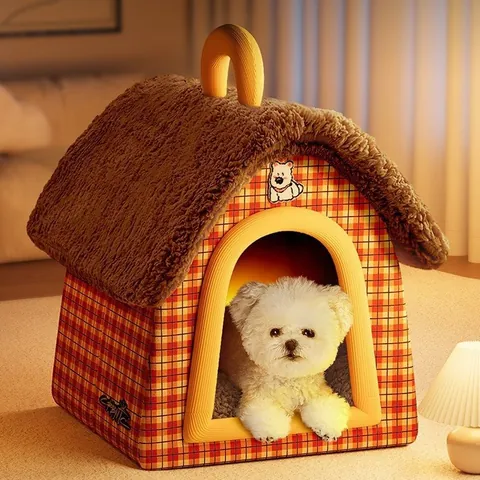 Winter Indoor Pet House Villa Semi-Enclosed Warm Plush Dog Bed Cat Cave PP Cotton Foldable Portable Pet Sleeping Nest House