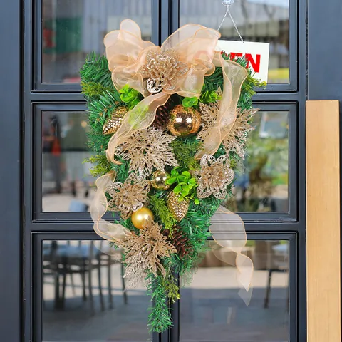 Christmas Teardrop Swag Wreath With Gold Glitter Flower Pine Cone Ribbon Bow For Front Door Wall Hanging Decoration