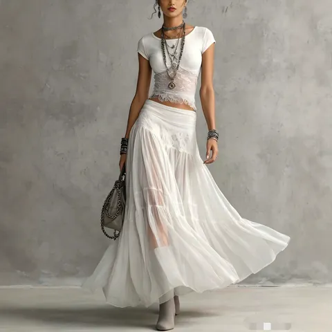 Women Bohemian Knitted Top And Pleated Chiffon Maxi Skirt Set Vintage Solid Color Short Sleeve Top And Bottom Summer Outfit