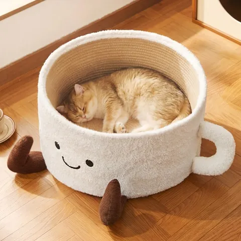 Creative Cup Shaped Cat Bed With Built In Scratcher Mat Semi Enclosed Pet House For Indoor Cats Soft Plush Four Seasons Universal Kitten Sleeping Bed