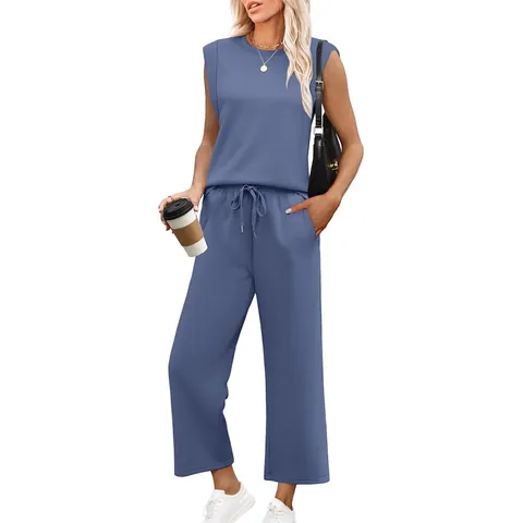Women Casual Sleeveless Round Neck Top And Bottom Solid Color Wide Leg Drawstring Pants Lounge Wear Summer Fashion Outfit