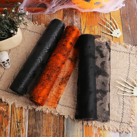 Halloween Mesh Roll Table Runner Black Orange Spider Web Bat Skeleton Printed Polyester Tablecloth Decoration Party Supply