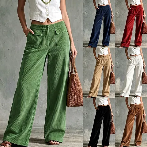 Damen High Waist Cord Weite Hose Retro Einfarbig Gerade Hose Mit Doppeltaschen Lässige Unterteile