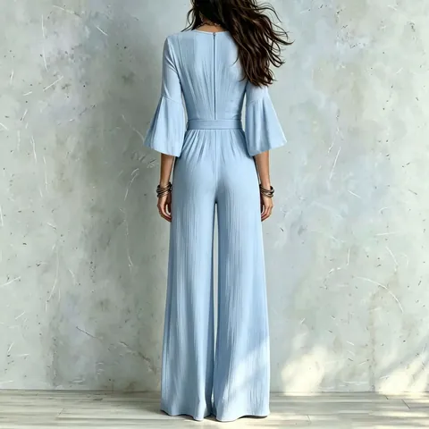 French Style Deep V-Neck Bubble Sleeve Wide Leg Jumpsuit High Waist Slimming Long Romper With Belt For Women Elegant Fashion Jumpsuit