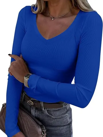 Women Ribbed V-Neck Slim Fit Long Sleeve T-Shirt Sexy Casual Solid Color Polyester Top For Daily Wear