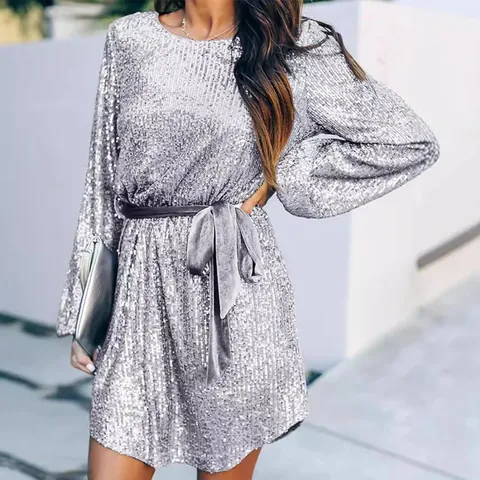 Women Elegant Sparkly Sequin Mini Dress With Velvet Belt Long Flare Sleeve Round Neck Solid Color Festival Party Cocktail Dress