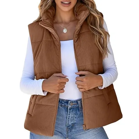 Women Corduroy Padded Vest Autumn Winter Stand Collar Zipper Quilted Casual Sleeveless Cotton Jacket Outwear Top