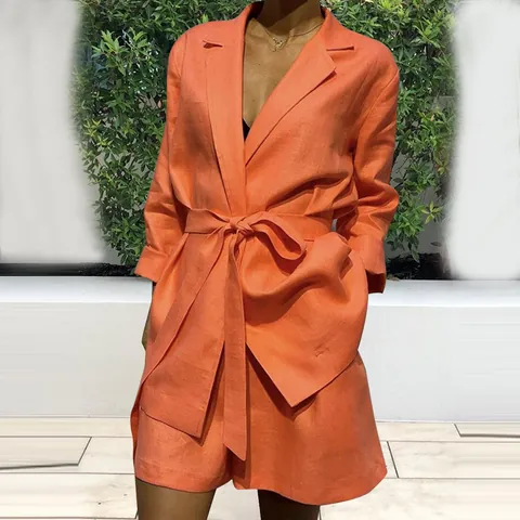 Women Elegant Two Piece Set Long Sleeve Tie Waist Blazer Top and Shorts Solid Color Casual Summer Office Suit