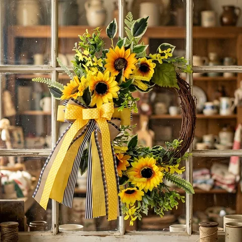 Autumn Sunflower Wreath With Bowknot Artificial Sunflowers Plastic Wreath For Fall Harvest Thanksgiving Home Front Door Decoration