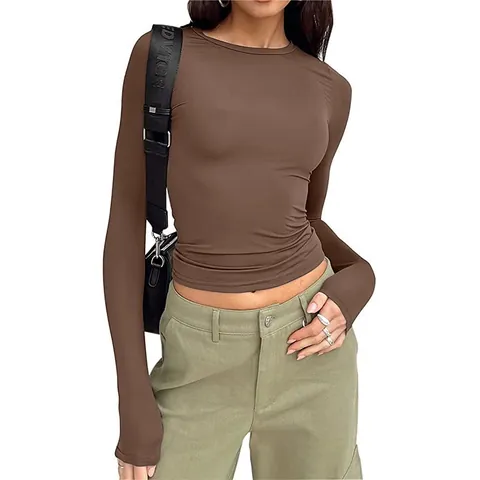 Women Slim Fit Long Sleeve T-Shirt Solid Color Round Neck Pullover Streetwear Polyester Spandex Blend Casual Crop Top Tee