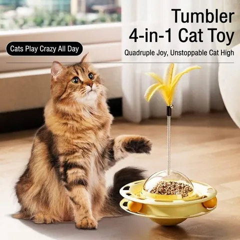 Interactive Tumbler Cat Toy with Feather Spring Metal Rod Track Ball Slow Feeder Turntable Plastic Educational Cat Toys for Indoor Pet Boredom Relief