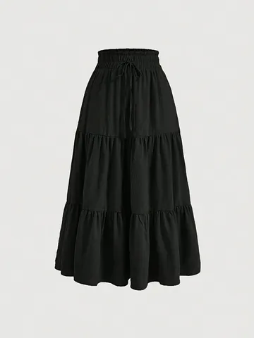 Women Retro Elegant High Waist Tiered Maxi Skirt Drawstring Ruffle A-Line Solid Color Long Skirt For Casual Vacation