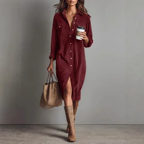 Women Solid Color Corduroy Long Sleeve Shirt Dress Lapel Button Down Loose Straight Midi Dress Casual Streetwear Fashion