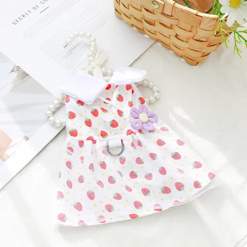 Schattige Huisdier Jurk Met Aardbeienprint Peter Pan-kraag Gaaszoom Hond Zomer Prinsessenkleding Voor Puppies En Kleine Katten