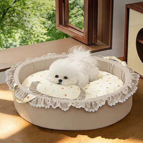Princess Lace Ruffle Pet Bed Floral Heart Print Soft Cotton Dog Cat Sofa Washable Breathable Cushion For Indoor Seasons