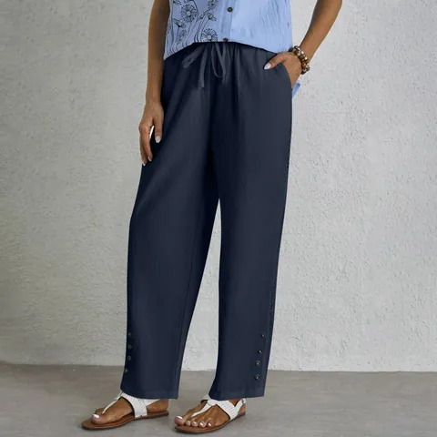 Women's Casual Cotton Linen Straight Leg Pants Drawstring Mid Waist Trousers With Hollow Lace And Button Hem Pockets