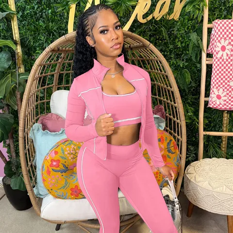 Women Casual Top And Bottom Zipper Jacket Thumb Hole Vest Leggings Contrast Binding Sporty Tracksuit Outfit Autumn