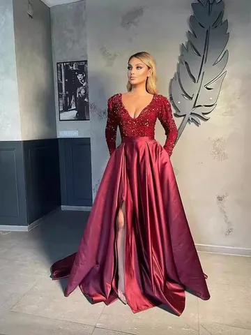 Damen Elegant Pailletten V-Ausschnitt Abendkleid Langarm Satin Bodenlang Kleid Mit Hohem Schlitz Für Hochzeit Party Formelle Veranstaltung