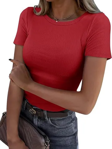 Camiseta de Manga Corta Acanalada para Mujer Minimalista Color Sólido Cuello Redondo Ajustada Top de Punto Poliéster Spandex Moda