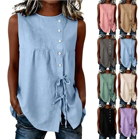 Top Sin Mangas Para Mujer Poliéster Cuello Redondo Blusa Casual Con Botones Y Lazo Delantero Color Sólido Ropa De Verano