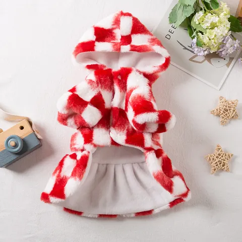 Vestido con Capucha de Tablero de Ajedrez para Perro y Gato Felpa Ropa de Invierno Cálida para Perros Gatos Año Nuevo Navidad