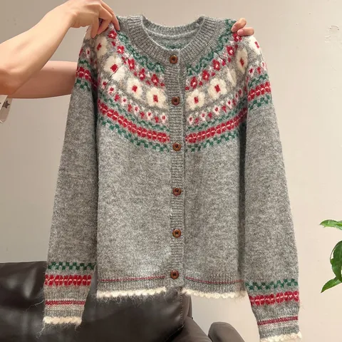 Cárdigan de Punto Retro Americano Fair Isle para Mujer Mezcla de Cachemir de Oveja Patrón Floral Cuello Redondo Top Abotonado