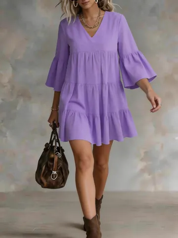 Women V Neck Bell Sleeve Tiered Cake Skirt Loose Vacation Mini Dress Casual Bohemian Style Solid Color Polyester Summer Dress