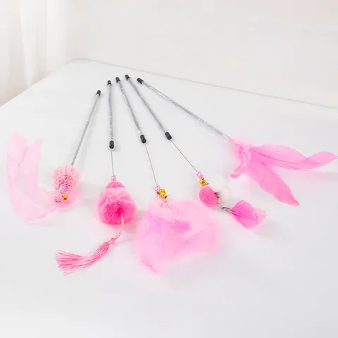 Fairy Cat Teaser Wand Long Flexible Rod Interactive Toy with Feathers Bells Tassels Plush Balls for Indoor Cats Kittens Boredom Relief