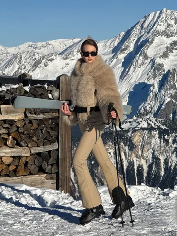 Women's Faux Fur Collar Hooded Ski Suit Set Waterproof Windproof Outdoor Snowsuit Slim Fit Flare Leg Jumpsuit Top And Bottom