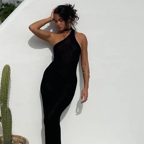 Women Sexy One Shoulder Bodycon Maxi Dress Backless Knit Solid Color Slim Long Dress For Summer Beach Vacation Party