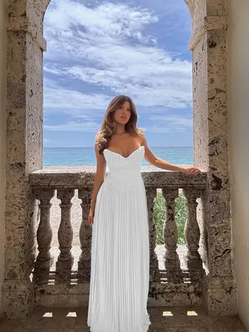 Women's Sexy Strapless Pleated Maxi Dress Elegant Boned Bodice Summer Beach Vacation Party Dress Solid Color Long Dress