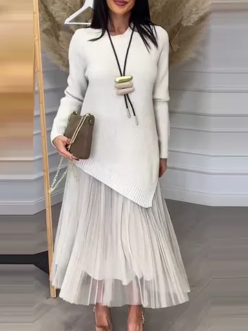 Women Top And Bottom Polyester Knitted Long Sleeve Asymmetrical Hem Top And Pleated Maxi Skirt Casual Fashion Commuter Outfit