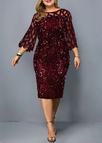 Women's Round Neck Sequin Mesh Patchwork Slim Fit Party Dress Three-Quarter Sleeve Mid-Length Bodycon Banquet Evening Gown