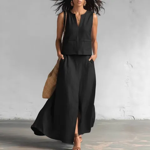 Women Cotton Linen Two Piece Skirt Set Sleeveless V Neck Top And Slit Midi Skirt Casual Minimalist Summer Clothing