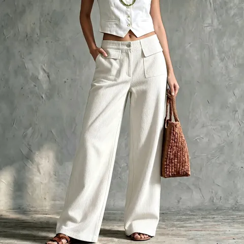 Damen High Waist Cord Weite Hose Retro Einfarbig Gerade Hose Mit Doppeltaschen Lässige Unterteile