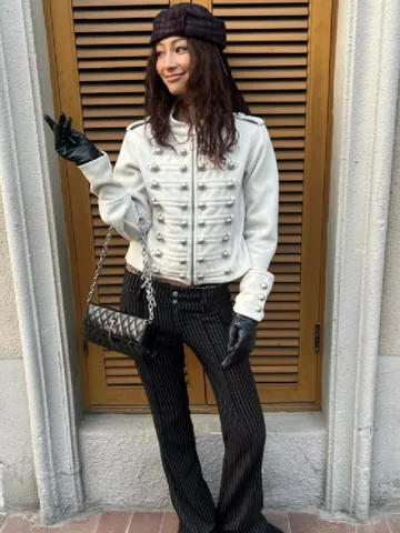Veste Courte pour Femme Style Britannique Rétro Col Montant Épaulières Polyester Double Boutonnage Boutons Métalliques Haut