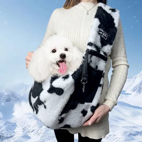 Trasportino a Tracolla in Peluche per Animali Domestici Invernale Stampa Muccata per Cani Piccoli Gatti Borsa Morbida Portatile da Viaggio