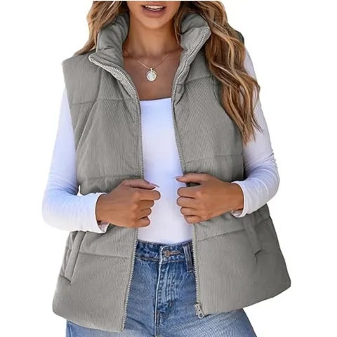 Women Corduroy Padded Vest Autumn Winter Stand Collar Zipper Quilted Casual Sleeveless Cotton Jacket Outwear Top