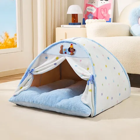 Enclosed Pet Tent House For Cats And Small Dogs Winter Warm Four Seasons Universal Polka Dot Checkered Plush Cat Bed With Cushion