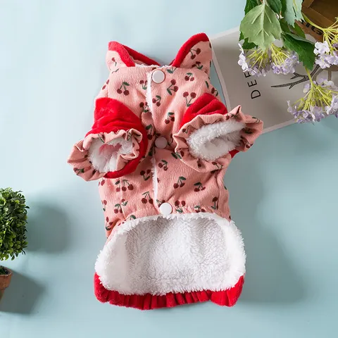 Chinese Stijl Huisdier Tang Pak Winter Warm Fleece Gevoerde Hondenkleding Roze Kersenprint Cheongsam Voor Kleine Honden Katten Puppy