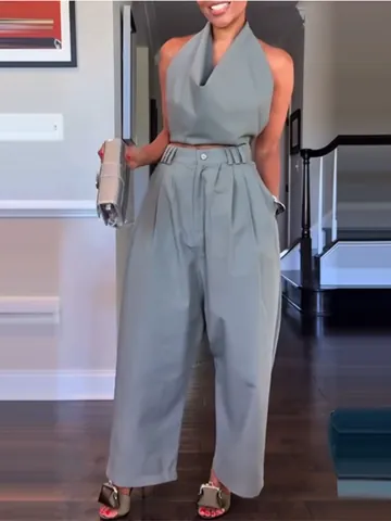Women Summer Polyester Halter Top And Bottom Wide Leg Long Pants Set Casual Sleeveless Pure Color Two Piece Outfits with Pockets