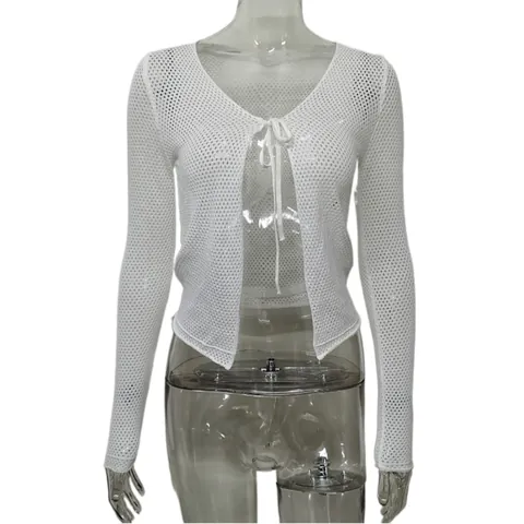 Women's Hollow Out Knit Cardigan U-Neck Tie Front Bow Long Sleeve Solid White Polyester Spandex Casual Streetwear Top