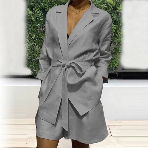Women Elegant Two Piece Set Long Sleeve Tie Waist Blazer Top and Shorts Solid Color Casual Summer Office Suit
