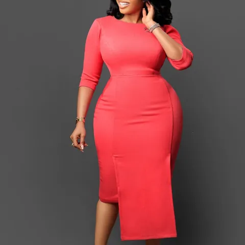 Women Elegant Bodycon Midi Dress Round Neck 3/4 Sleeve Slim Fit Asymmetric Split Hem Solid Color Polyester OL Business Dress