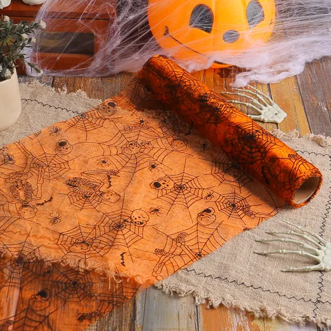 Halloween Mesh Roll Table Runner Black Orange Spider Web Bat Skeleton Printed Polyester Tablecloth Decoration Party Supply