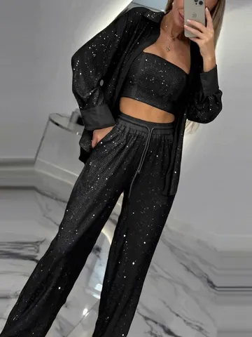 Women Sequined Patchwork Cardigan Top And Bottom Set Long Sleeve Shirt Tube Top Pants Shiny Outfit For Clubwear Party