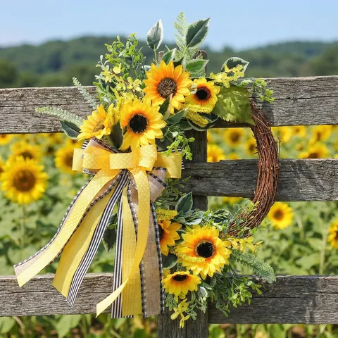 Autumn Sunflower Wreath With Bowknot Artificial Sunflowers Plastic Wreath For Fall Harvest Thanksgiving Home Front Door Decoration