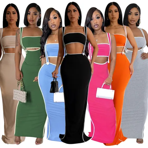 Women Sexy Top And Bottom Fashion Contrast Binding Solid Ribbed Knit Sleeveless Bandeau Top And Hips Wrapped Long Skirt Set